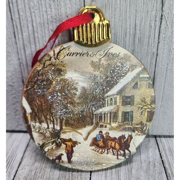 Vtg Currier & Ives Winter Christmas Hanging Ornament Holiday Decor 3 1/4" DIA - Picture 1 of 6